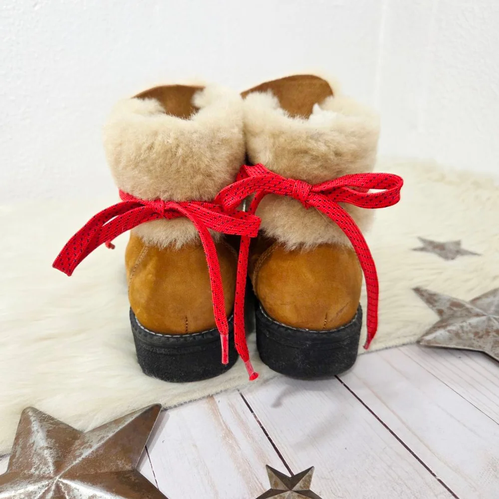 J. Crew Nordic boots pecan brown leather shearling lined red laces women's sz 7